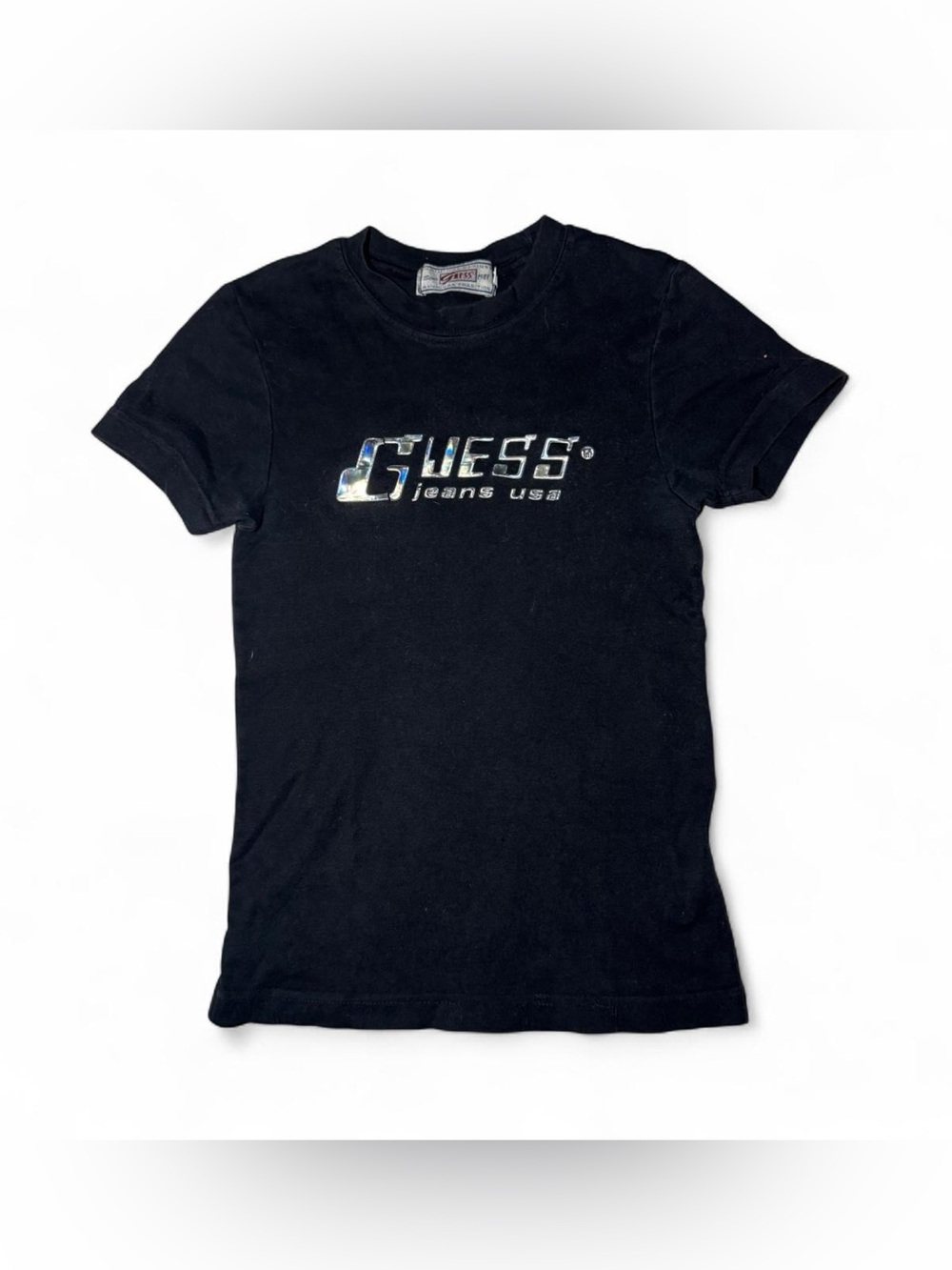 90s vintage Guess black baby tee t-shirt with holographic logo size small ☮️